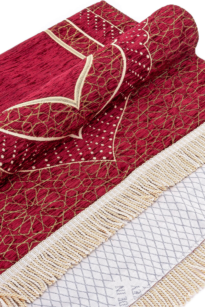 Mihrap Desenli Astarlı Şönil Seccade - Bordo - 4