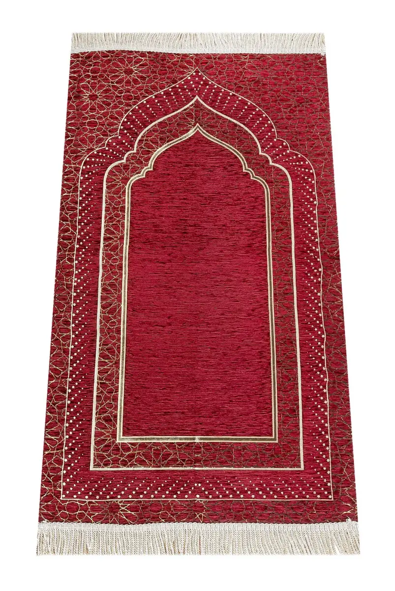 Mihrap Desenli Astarlı Şönil Seccade - Bordo - 1