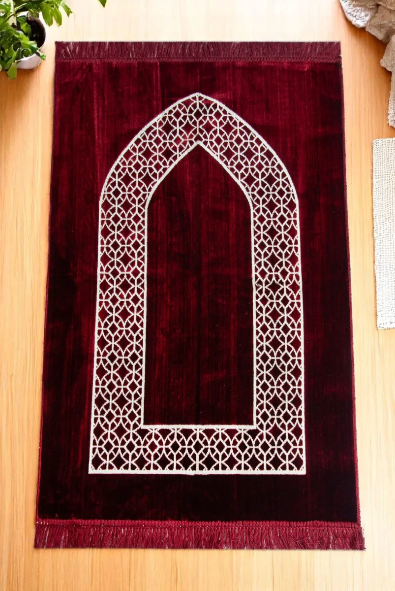 Mihrap Motifli Kadife Seccade Bordo - 1