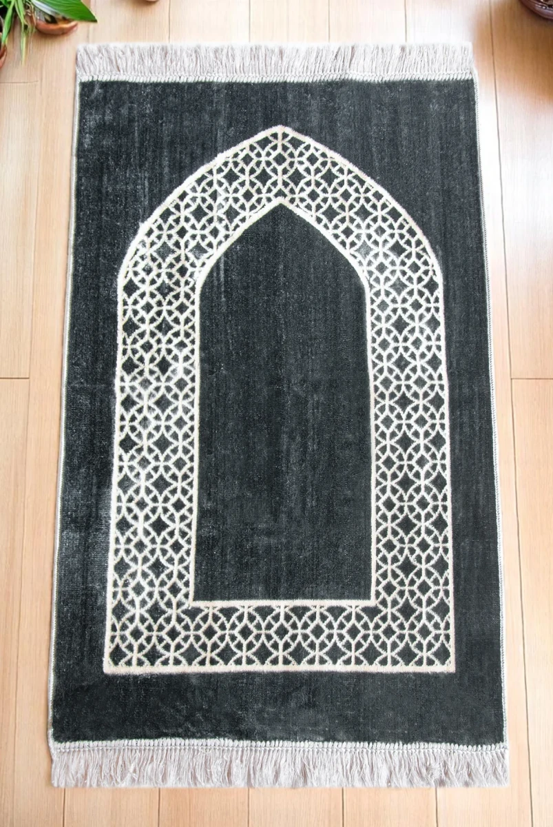 Mihrap Motifli Kadife Seccade Gri - 1