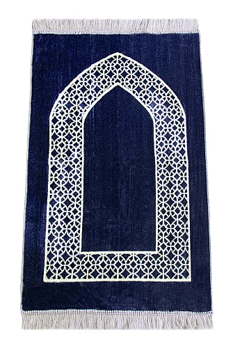 Mihrap Motifli Kadife Seccade Lacivert - 1