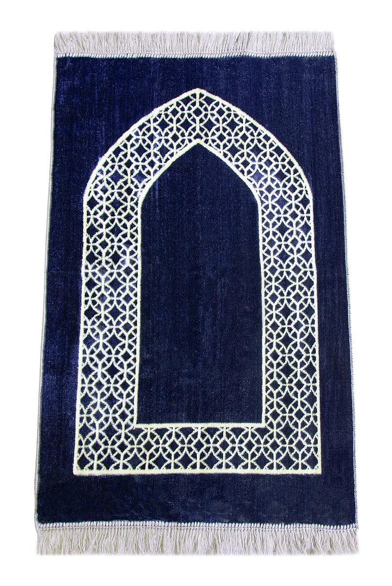 Mihrap Motifli Kadife Seccade Lacivert - 1