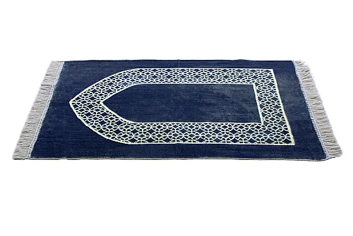 Mihrap Motifli Kadife Seccade Lacivert - 3