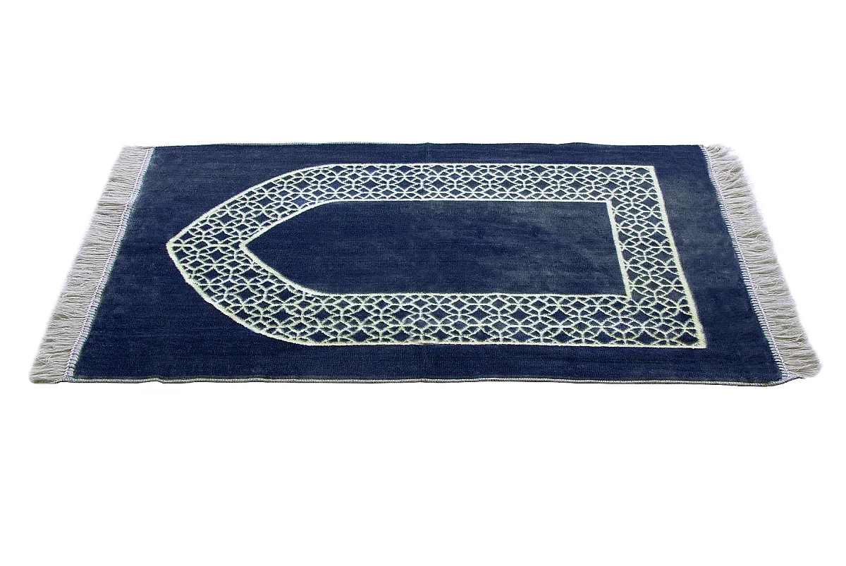 Mihrap Motifli Kadife Seccade Lacivert - 3