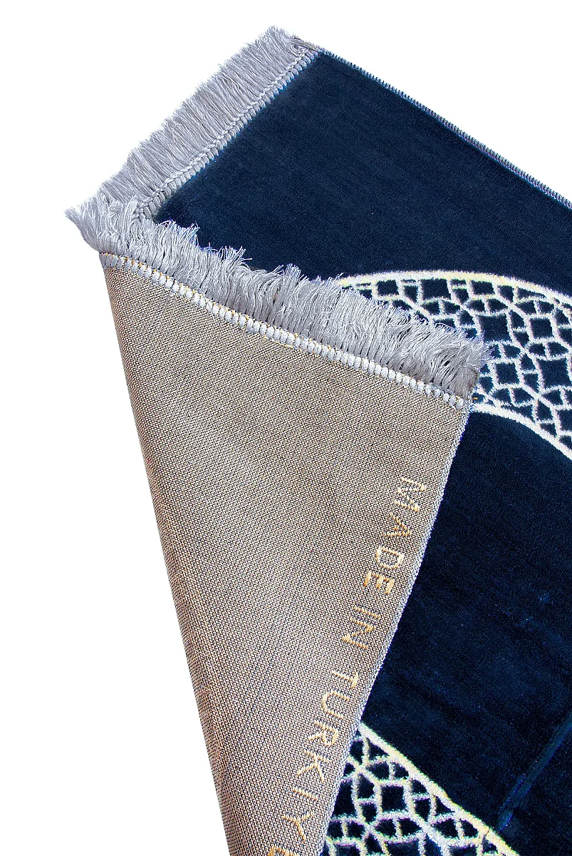 Mihrap Motifli Kadife Seccade Lacivert - 4