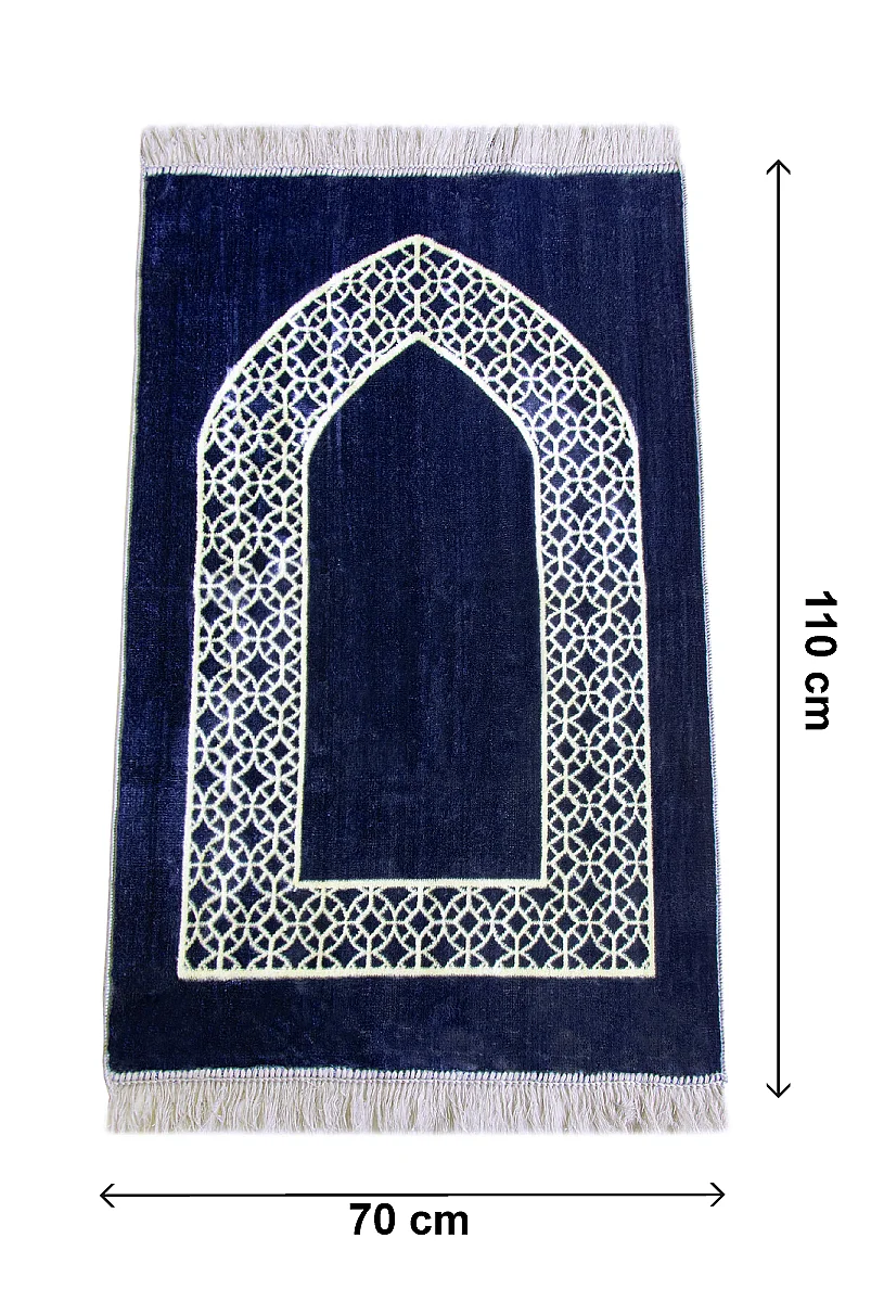 Mihrap Motifli Kadife Seccade Lacivert - 5