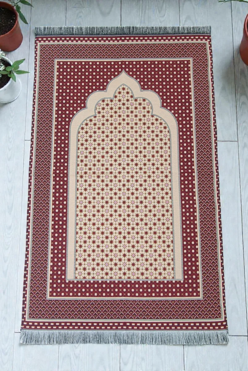 Hafif Taşınabilir Mihraplı Yıldız Desenli Goblen Seccade - Kırmızı - 1