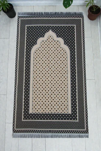 Hafif Taşınabilir Mihraplı Yıldız Desenli Goblen Seccade - Siyah 