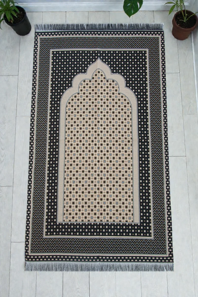 Hafif Taşınabilir Mihraplı Yıldız Desenli Goblen Seccade - Siyah - 1
