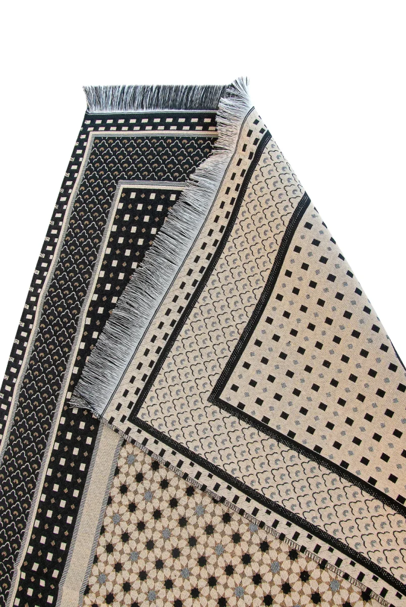 Hafif Taşınabilir Mihraplı Yıldız Desenli Goblen Seccade - Siyah - 3