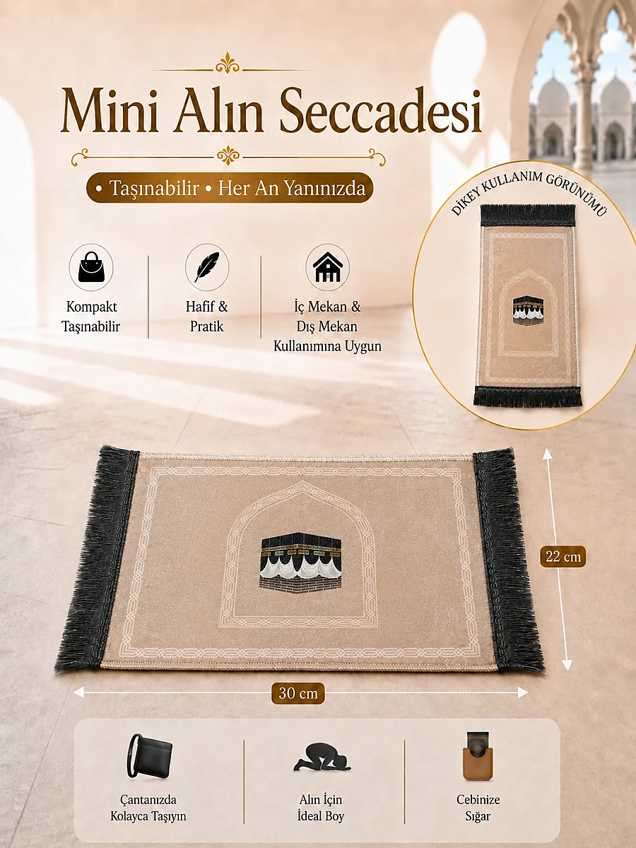 Mini Alın Seccadesi Kaymaz Taban Desenli Cep Tipi Seyahat Namaz Seccadesi - Açık Kahve - 1