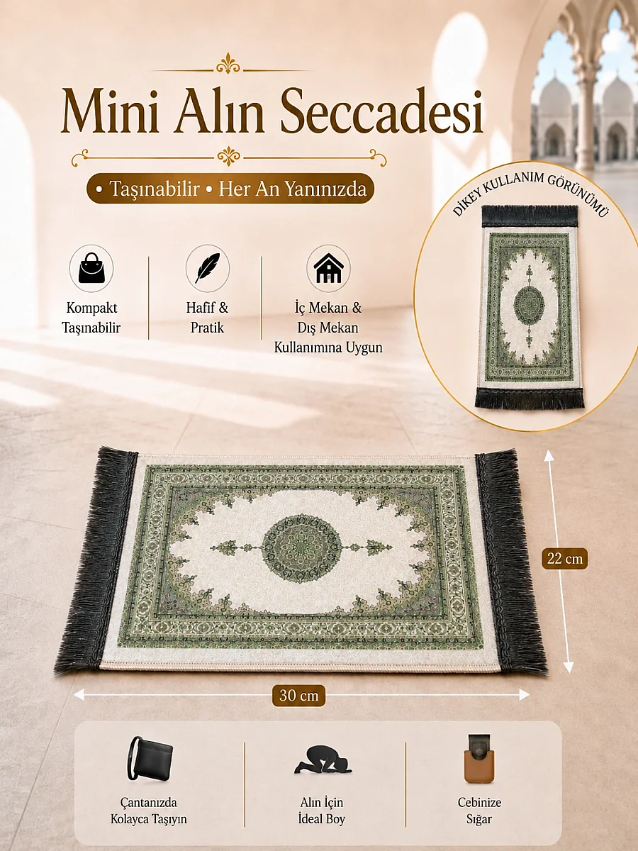 Mini Alın Seccadesi Kaymaz Taban Desenli Cep Tipi Seyahat Namaz Seccadesi - Krem - 1
