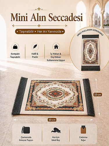 Mini Alın Seccadesi Kaymaz Taban Desenli Cep Tipi Seyahat Namaz Seccadesi - Krem / Çok Renkli - 1