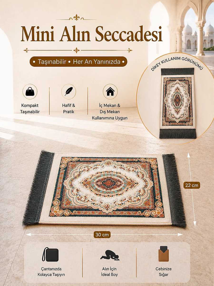 Mini Alın Seccadesi Kaymaz Taban Desenli Cep Tipi Seyahat Namaz Seccadesi - Krem / Çok Renkli - 1