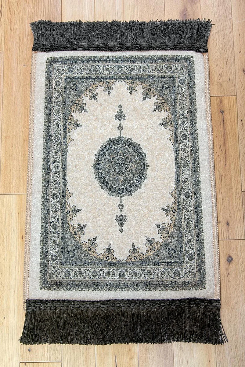 Mini Alın Seccadesi Kaymaz Taban Desenli Cep Tipi Seyahat Namaz Seccadesi - Krem / Gri - 2