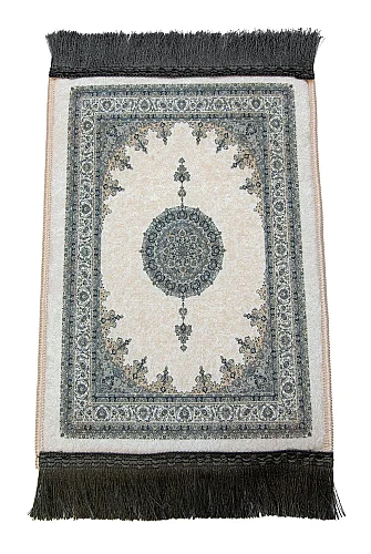 Mini Alın Seccadesi Kaymaz Taban Desenli Cep Tipi Seyahat Namaz Seccadesi - Krem / Gri - 4
