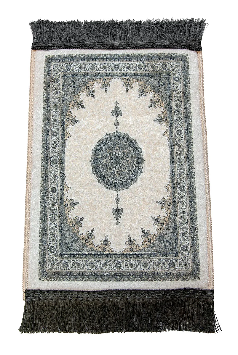 Mini Alın Seccadesi Kaymaz Taban Desenli Cep Tipi Seyahat Namaz Seccadesi - Krem / Gri - 4
