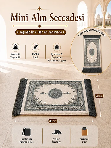 Mini Alın Seccadesi Kaymaz Taban Desenli Cep Tipi Seyahat Namaz Seccadesi - Krem / Gri 