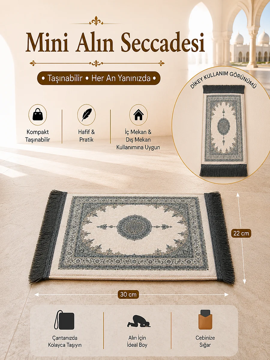 Mini Alın Seccadesi Kaymaz Taban Desenli Cep Tipi Seyahat Namaz Seccadesi - Krem / Gri - 1