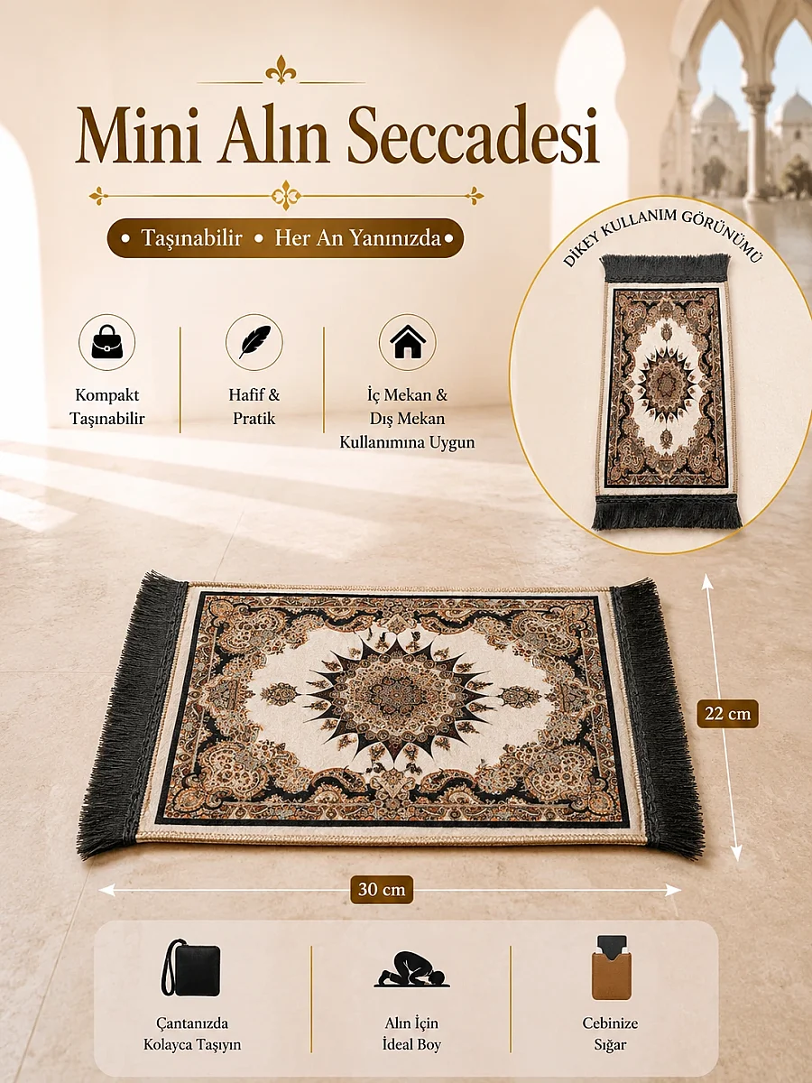 Mini Alın Seccadesi Kaymaz Taban Desenli Cep Tipi Seyahat Namaz Seccadesi - Krem / Kahve - 1