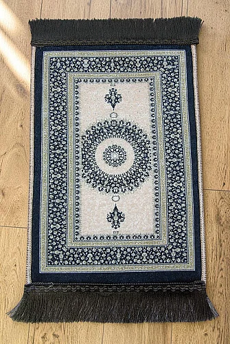 Mini Alın Seccadesi Kaymaz Taban Desenli Cep Tipi Seyahat Namaz Seccadesi - Lacivert / Krem - ihvanonline (1)