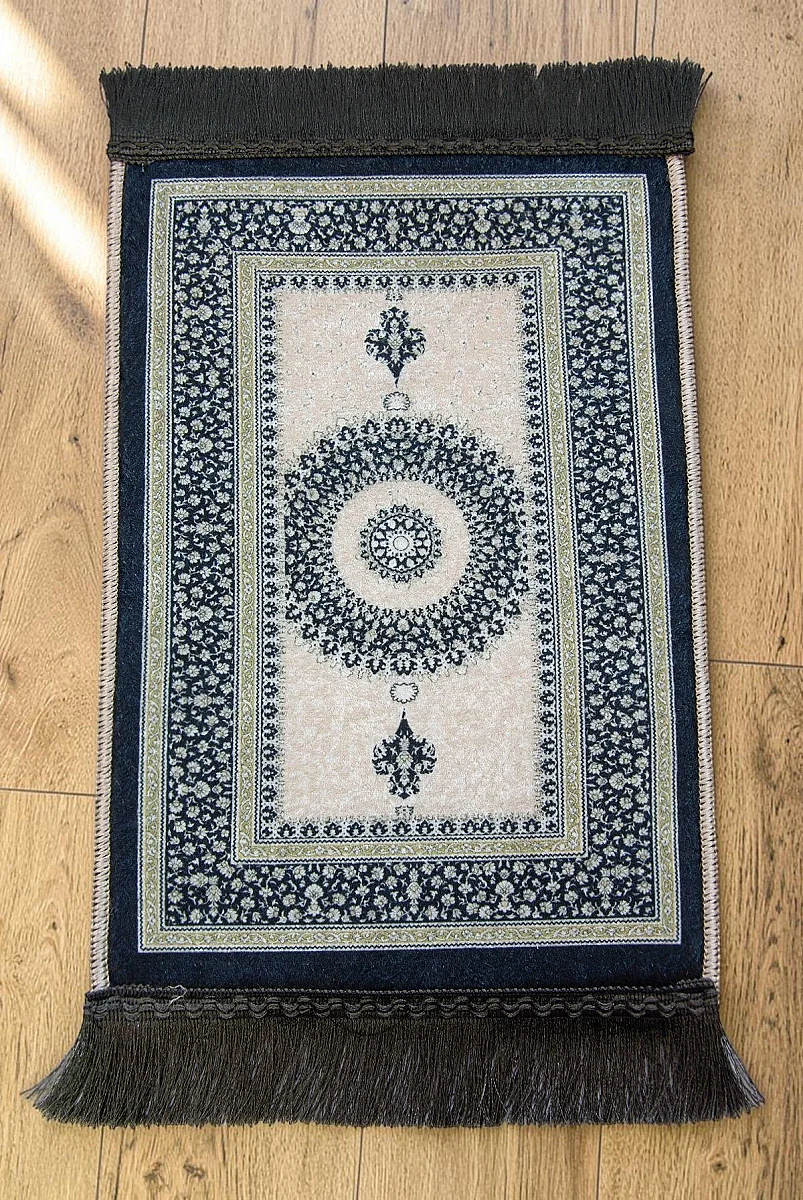 Mini Alın Seccadesi Kaymaz Taban Desenli Cep Tipi Seyahat Namaz Seccadesi - Lacivert / Krem - 2