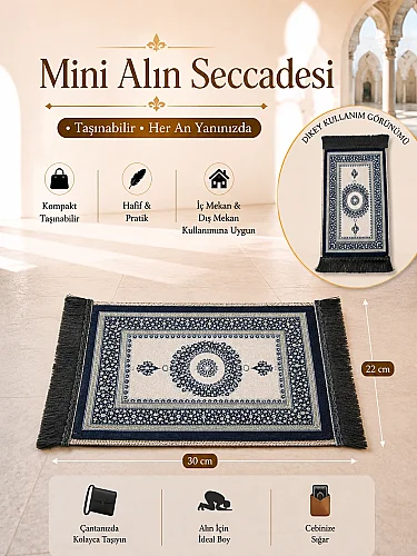 Mini Alın Seccadesi Kaymaz Taban Desenli Cep Tipi Seyahat Namaz Seccadesi - Lacivert / Krem 