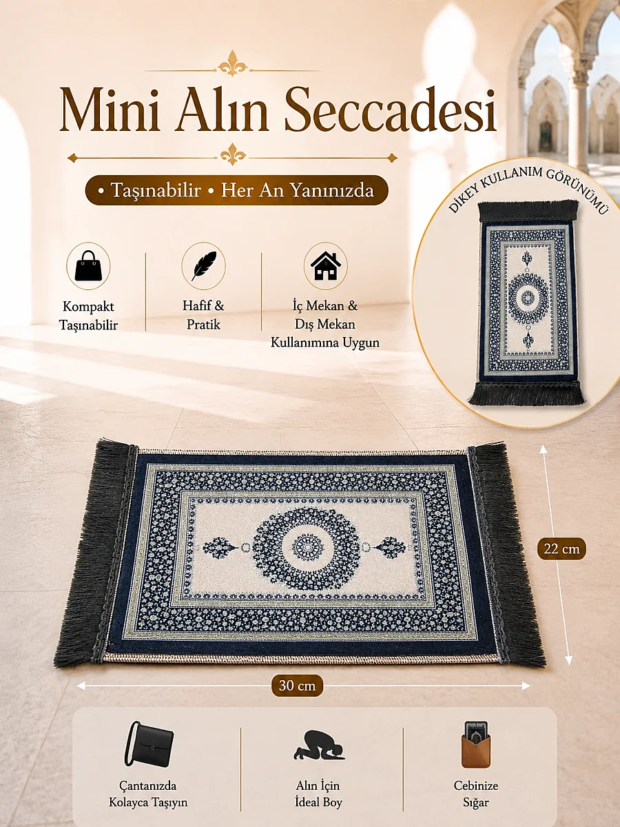 Mini Alın Seccadesi Kaymaz Taban Desenli Cep Tipi Seyahat Namaz Seccadesi - Lacivert / Krem - 1