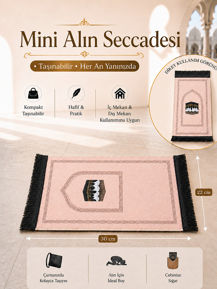 Mini Alın Seccadesi Kaymaz Taban Desenli Cep Tipi Seyahat Namaz Seccadesi - Pembe - 1