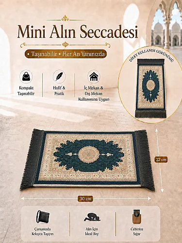Mini Alın Seccadesi Kaymaz Taban Desenli Cep Tipi Seyahat Namaz Seccadesi - Petrol Yeşili 