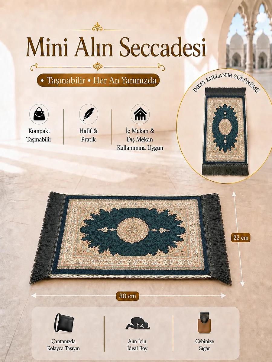 Mini Alın Seccadesi Kaymaz Taban Desenli Cep Tipi Seyahat Namaz Seccadesi - Petrol Yeşili - 1