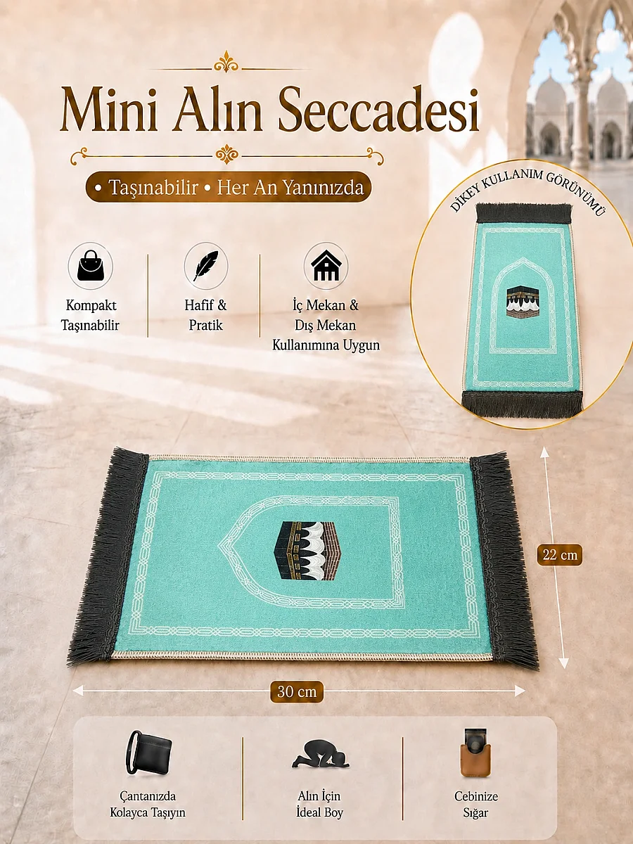 Mini Alın Seccadesi Kaymaz Taban Desenli Cep Tipi Seyahat Namaz Seccadesi - Turkuaz - 1