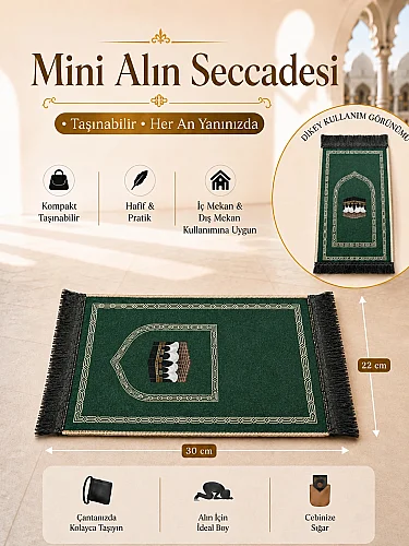 Mini Alın Seccadesi Kaymaz Taban Desenli Cep Tipi Seyahat Namaz Seccadesi - Zümrüt Yeşili 