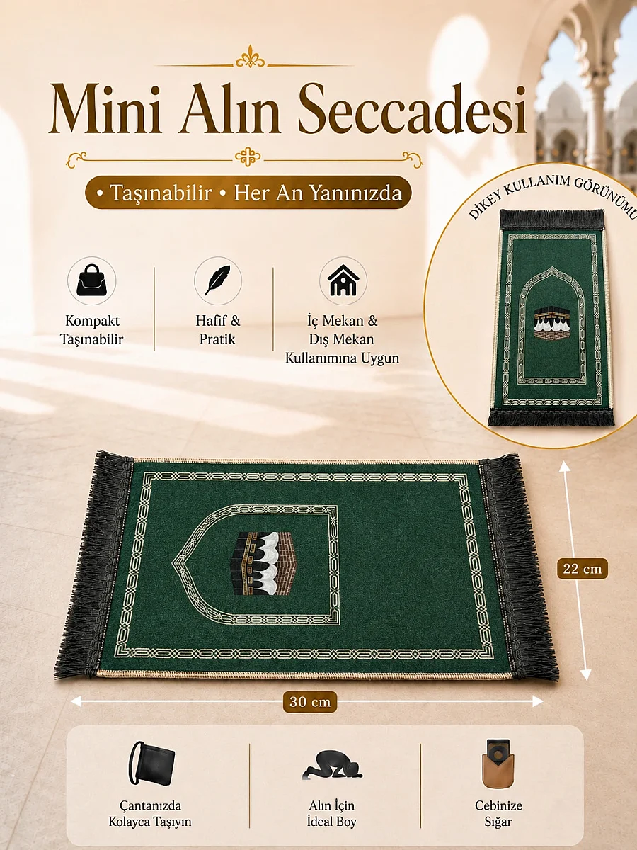 Mini Alın Seccadesi Kaymaz Taban Desenli Cep Tipi Seyahat Namaz Seccadesi - Zümrüt Yeşili - 1