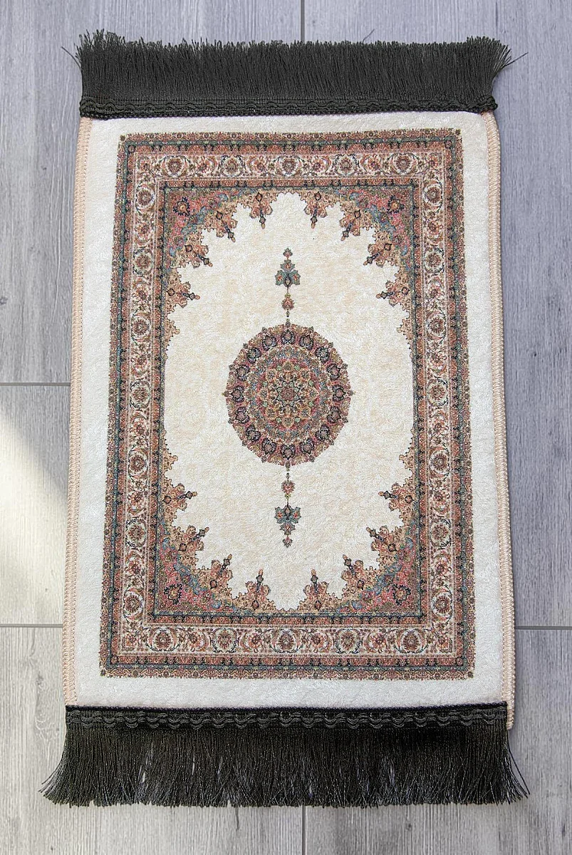 Mini Alın Seccadesi Kaymaz Taban Desenli Cep Tipi Seyahat Namaz Seccadesi - Krem / Ekru - 2