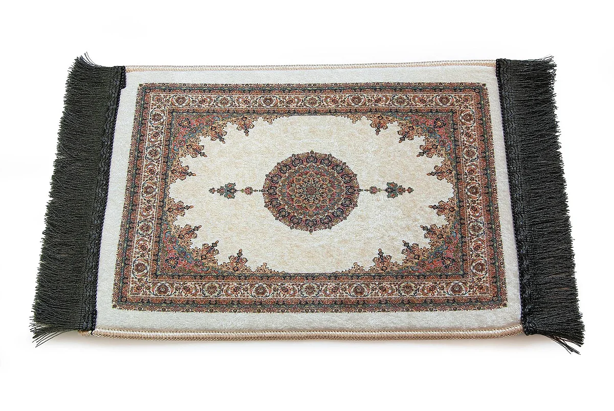 Mini Alın Seccadesi Kaymaz Taban Desenli Cep Tipi Seyahat Namaz Seccadesi - Krem / Ekru - 4