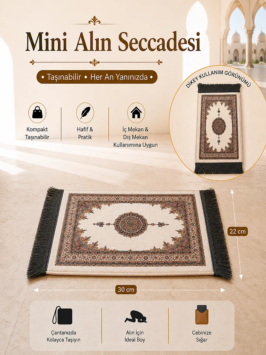 Mini Alın Seccadesi Kaymaz Taban Desenli Cep Tipi Seyahat Namaz Seccadesi - Krem / Ekru - 1