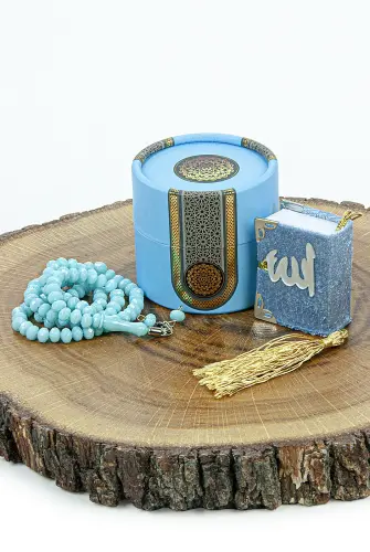 Mini Cylinder Boxed Gift Quran Set with Prayer Beads for Mevlüt Blue - İhvan (1)