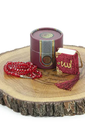 Mini Cylinder Boxed Gift Quran Set with Prayer Beads for Mevlüt Claret Red - İhvan (1)