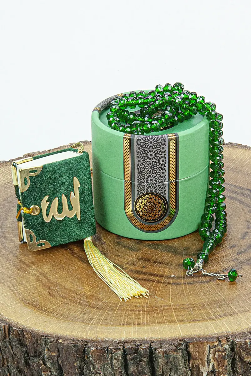 Mini Cylinder Boxed Gift Quran Set with Prayer Beads for Mevlüt Green - 1