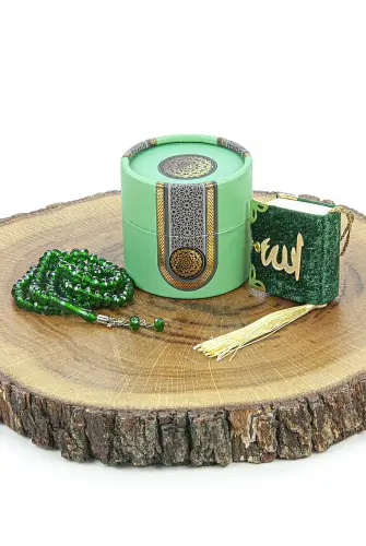 Mini Cylinder Boxed Gift Quran Set with Prayer Beads for Mevlüt Green - İhvan (1)