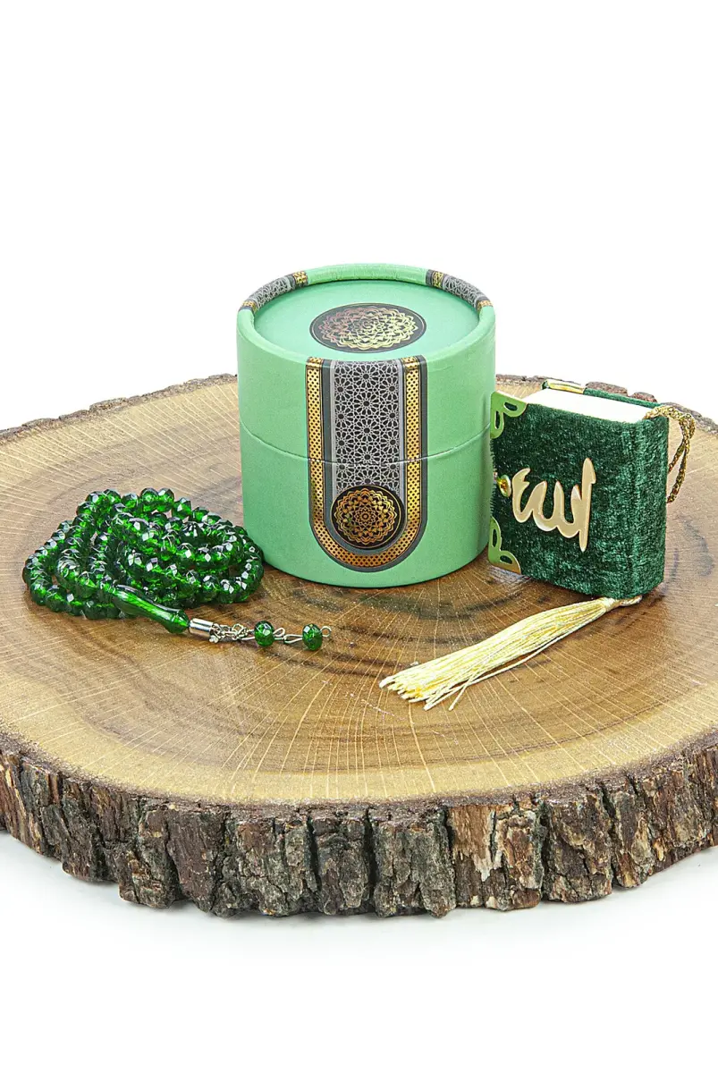 Mini Cylinder Boxed Gift Quran Set with Prayer Beads for Mevlüt Green - 2