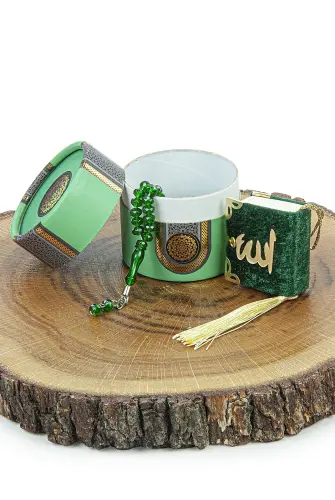 Mini Cylinder Boxed Gift Quran Set with Prayer Beads for Mevlüt Green - 3