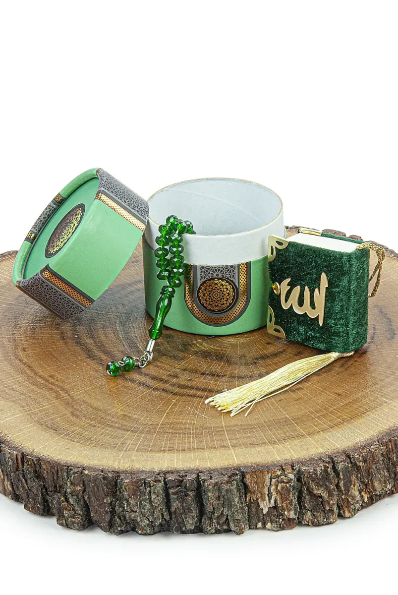 Mini Cylinder Boxed Gift Quran Set with Prayer Beads for Mevlüt Green - 3
