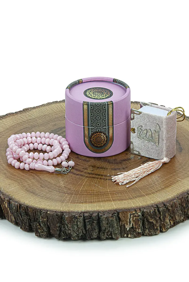 Mini Cylinder Boxed Gift Quran Set with Prayer Beads for Mevlüt Pink - 2