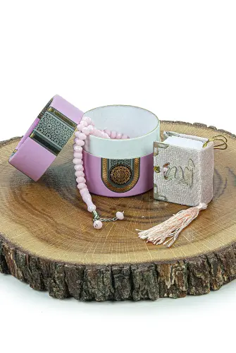 Mini Cylinder Boxed Gift Quran Set with Prayer Beads for Mevlüt Pink - 3