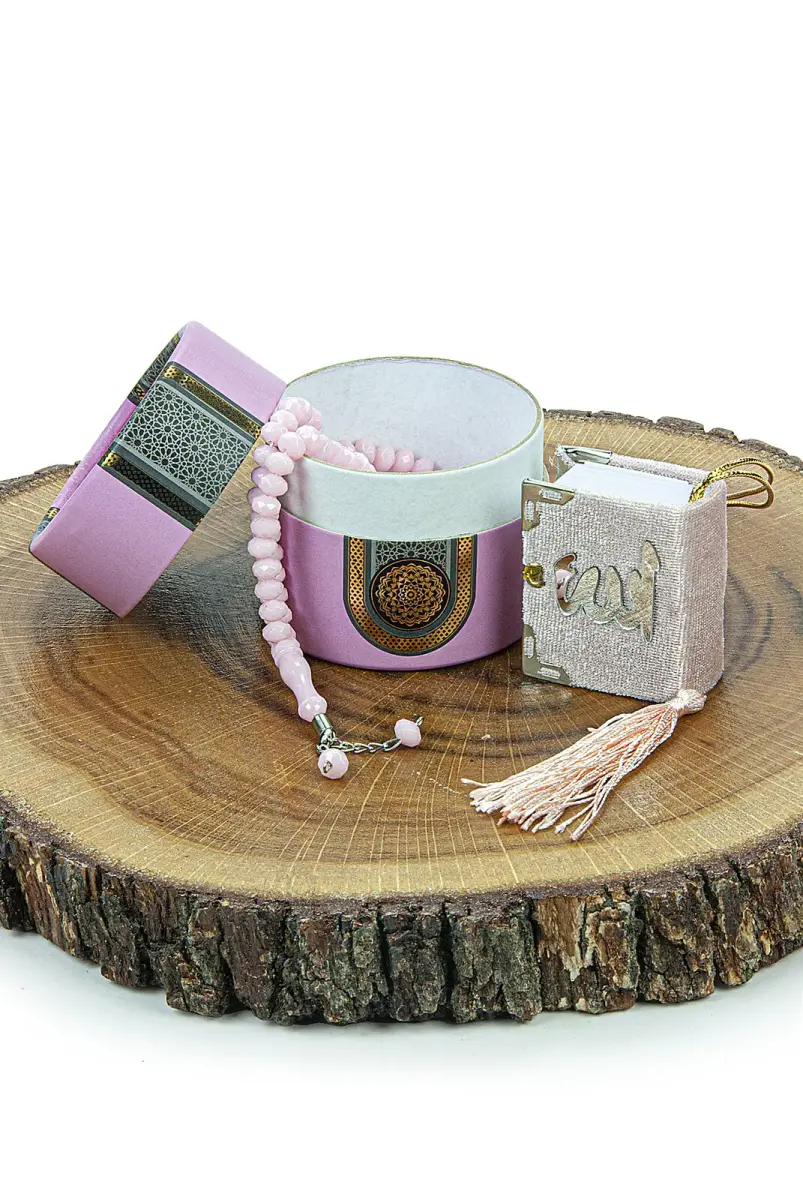 Mini Cylinder Boxed Gift Quran Set with Prayer Beads for Mevlüt Pink - 3