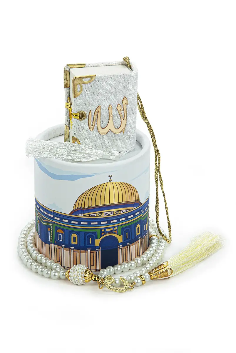 Mini Quran Mevlüt Gift Set with Pearl Prayer Beads and Special Design Cylinder Box - 5
