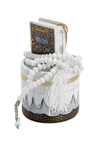 Mini Quran White Rosary Set with Cylinder Kaaba Box - ihvanonline (1)