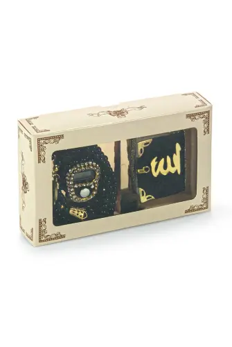 Mini Velvet Quran Set with Stone Zikirmatik and Pearl Rosary Mevlüt Gift - Black - İhvan (1)